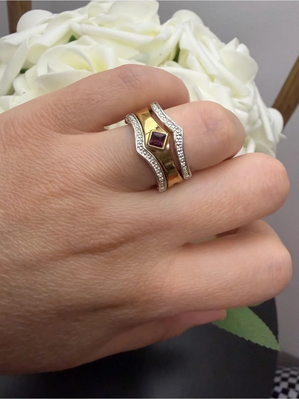 Vintage Gold tone and Silver Ring Set with Ruby Accent size 6